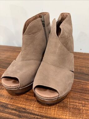 Dansko Taupe Open-Toe Suede Wedge Mules